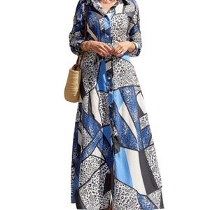 #A239  Nancy  Maximalist Chic  Blue Geometric Animal Print Dress  NWT  S